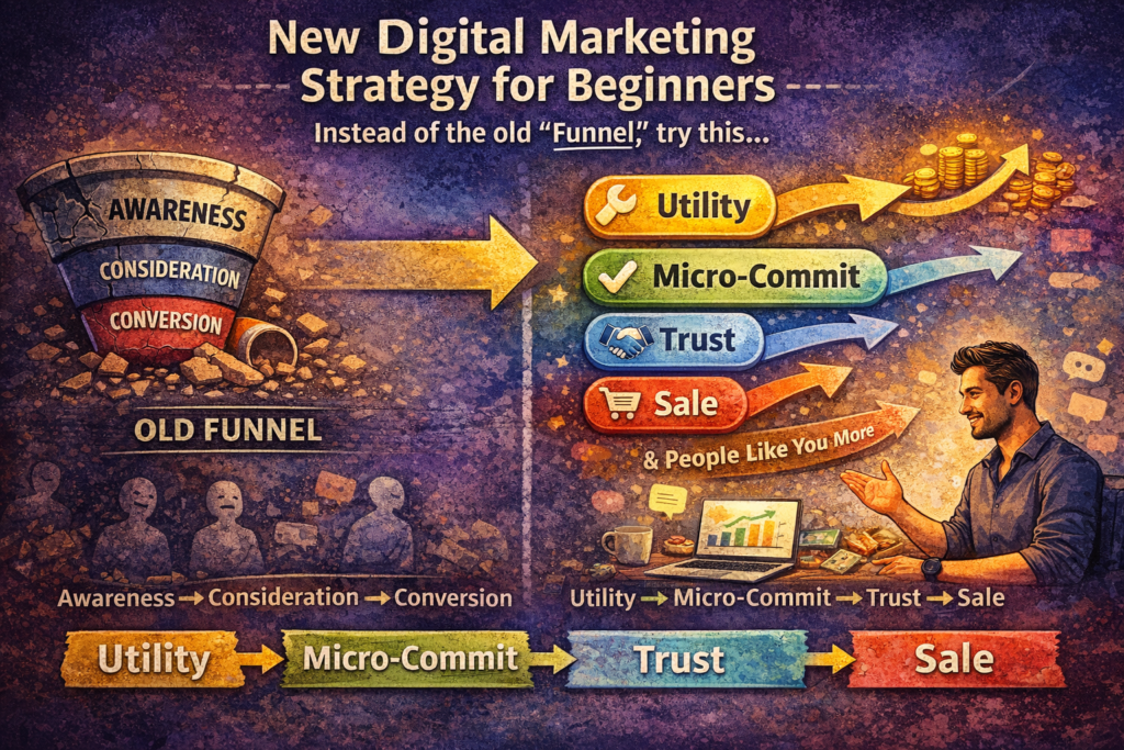New Digital Marketing Strategy for beginners illustration showing shift from traditional funnel to modern approach with utility, micro-commitment, trust, and sale.