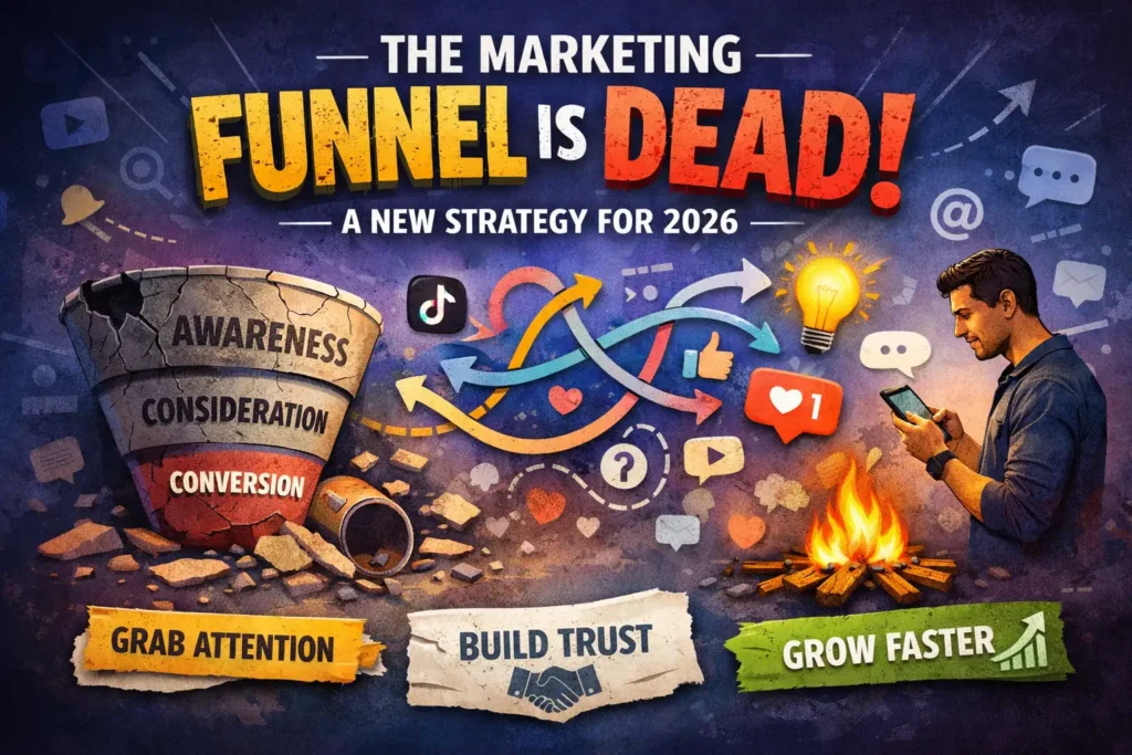 why the marketing funnel is dead strategy 2026 concept showing broken marketing funnel, social media icons, and focus on attention, trust, and engagement.