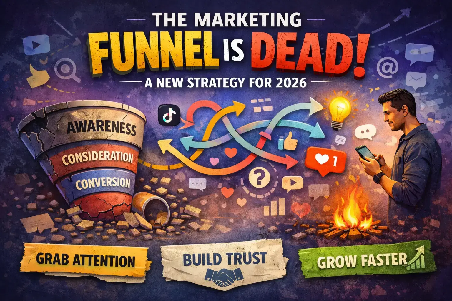 why the marketing funnel is dead strategy 2026 Newconcept showing broken marketing funnel, social media icons, and focus on attention, trust, and engagement.